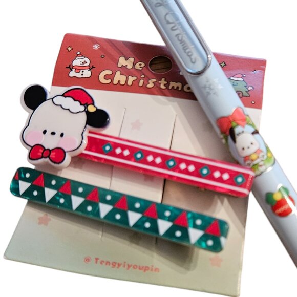 NWT Pochacco Christmas Holiday Hair Clips and Pen - Picture 2 of 3